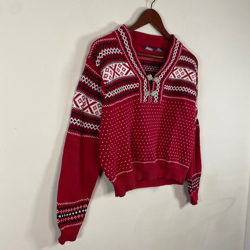 Vintage Liz Claiborne Sport Fair Isle Nordic‎ Knit Sweater Red White Ski Clasps - Picture 3 of 7
